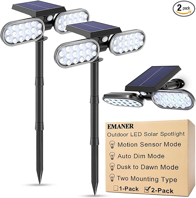 EMANER Motion Solar Lights Outdoor Solar Floodlight Stay On or Motion Sensor Mode Dusk to Dawn Security Light Landscape Spotlights for Garage Fence Driveway Solar Powered 2-Pack