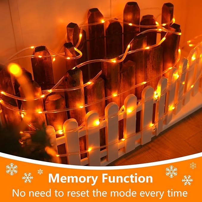 YEGUO Solar Christmas Light Outdoor Waterproof 66ft 200 LED Orange Rope Lights 8 Modes Tube String Lights in Clear Thin Tube