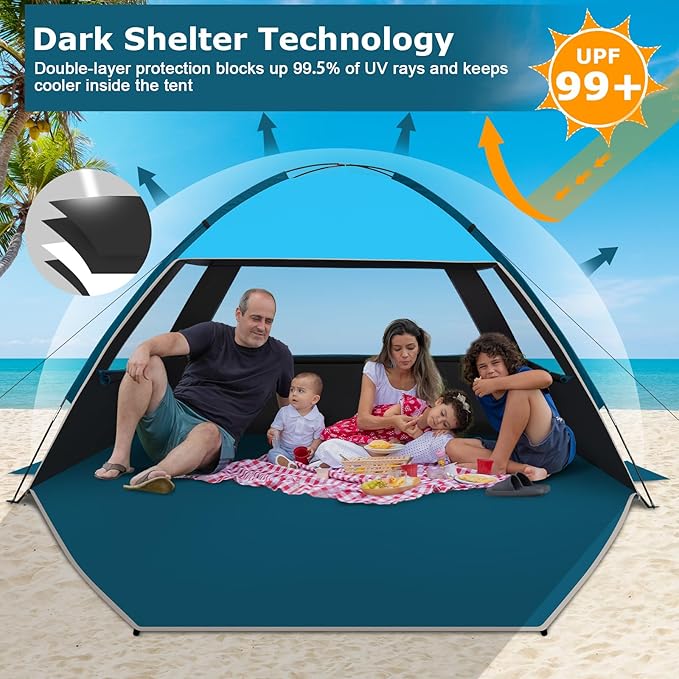 COMMOUDS Beach Tent Sun Shade for 3/4/6/8 Person UPF 50+ Beach Sun Shelter Canopy Tent Lightweight Easy Set Up and Carry