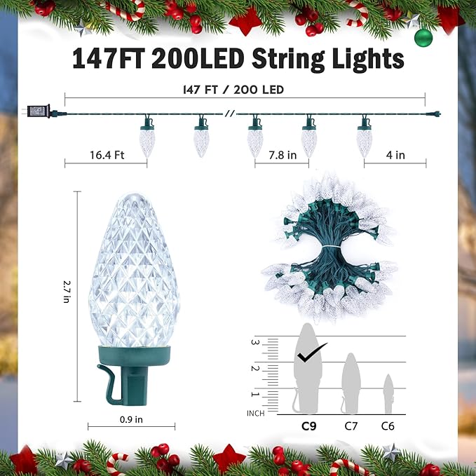 Minetom 147 FT 200 LED C9 LED Christmas Lights Outdoor - Plug in Fairy Lights with Timer &amp 8 Modes Waterproof Commercial Grade Extendable for Indoor Outdoor Roofline Patio Yard Xmas Red and Gree