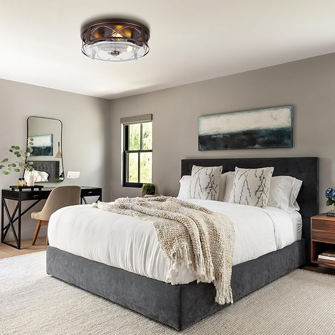 16 Inch Large Flush Mount Ceiling Light with Seeded Glass 3-Light Bronze Round Ceiling Lamp Modern Farmhouse Indoor Outdoor Ceiling Lighting for Kitchen Bedroom Living Dining Room