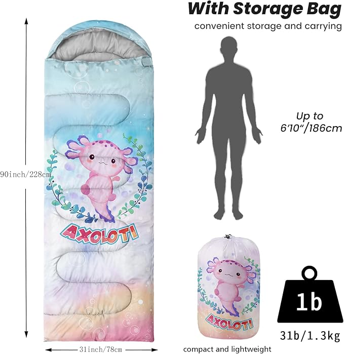 Sleeping Bags for Adults Youth Kids3D Printing Camping Sleeping Bag for Girls Boys Lightweight Waterproof Cold/Warm Weather Sleeping Bag for 3 Seasons