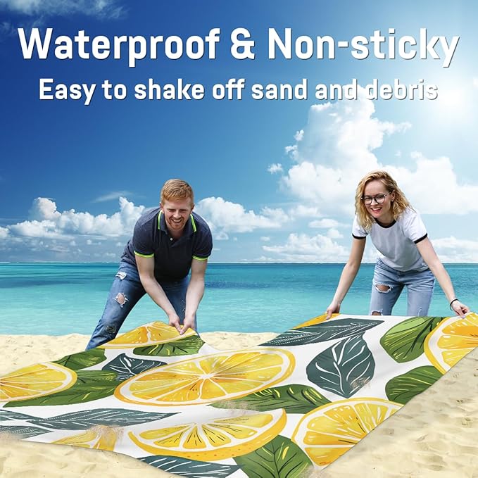 Waterproof Sandproof Beach Blanket 59''×68'' Lemon Slices Polyester Outdoor Picnic Blanket with 4 Stakes &amp Storage Bag for BeachCampingVacation Forsythia Yellow