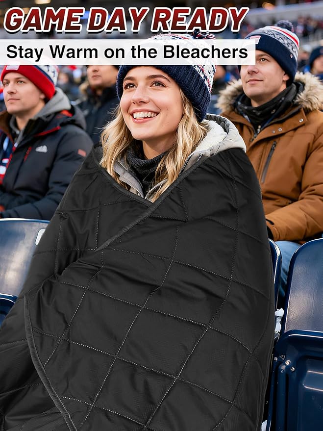Aulock 55''W x 60''L Warm Outdoor Stadium Blanket Waterproof - Portable &amp Windproof Black Blanket with Sherpa Fleece Lining for Camping Winter Cold Weather