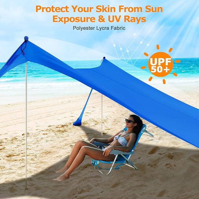 COMMOUDS Beach Tent Sun Shelter - UPF50+ Pop Up Beach Canopy with Sandbags &amp Sand Shovel &amp Windproof Poles Portable Sun Shade for Beach Camping Picnics Backyard