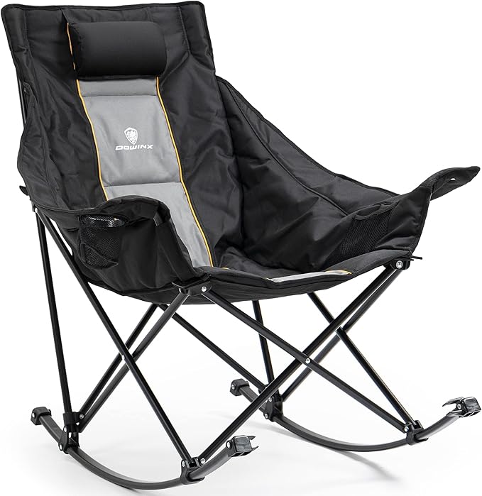 Dowinx Oversized Rocking Camping Chair Fully Padded Patio Chair with Side Pocket and Carry Bag High Back Portable Lawn Recliner with Headrest Support 300 lbs Black