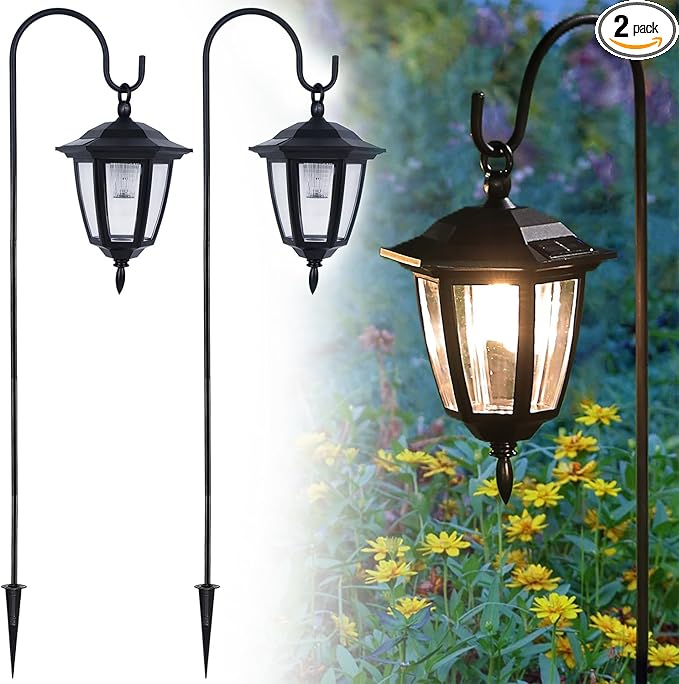 Dynaming 2 Pack Solar Hanging Lights Outdoor Solar Powered Garden Decorative Lanterns with 2 x 38 Inch Shepherd Hooks Waterproof Landscape Lighting for Lawn Patio Yard Pathway Driveway Warm White