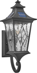 Solar Exterior Front Porch Light with Water Ripple Handmade Solder Glass Dusk to Dawn Solar Sconce Lights Outdoor 20.9 Inch Height Large Size Waterproof Include Remote Control and LED Bulb