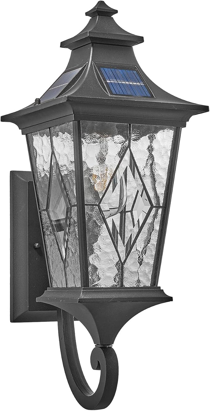 Solar Exterior Front Porch Light with Water Ripple Handmade Solder Glass Dusk to Dawn Solar Sconce Lights Outdoor 20.9 Inch Height Large Size Waterproof Include Remote Control and LED Bulb