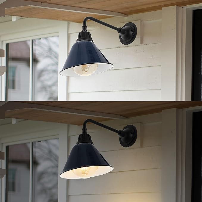 JONATHAN Y 9.63 Navy/Black 1-Light Farmhouse Outdoor Sconce Industrial LED Wall Light Gooseneck Arm Barn Lamp with Metal Bell Shade for Porch Patio Kitchen LED Bulb Included (JYL7612C)