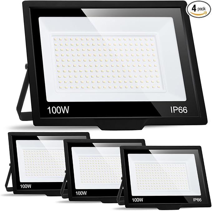 4 Pack 100W LED Flood Light Outdoor with Plug IP66 Waterproof Exterior Security Floolights 12000LM Super Bright LED Work Light 5000K Daylight White Floodlights for Yard Stadium Patio Playground