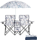 Outvita Folding Double Camping Chair w/Umbrella Beverage Holder Carrying Bag Cooler Fold Up Table Large Bearing Capacity for Beach Patio Pool Park Outdoor Shark Pattern