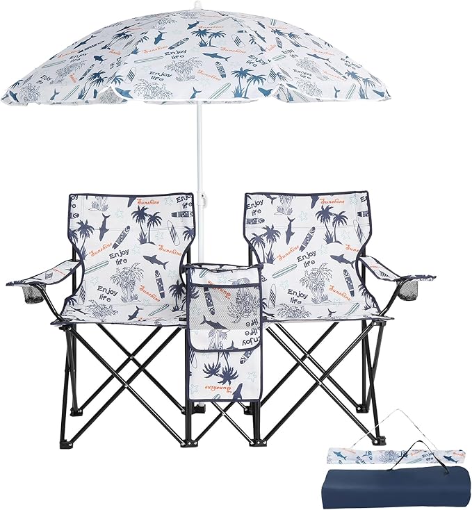 Outvita Folding Double Camping Chair w/Umbrella Beverage Holder Carrying Bag Cooler Fold Up Table Large Bearing Capacity for Beach Patio Pool Park Outdoor Shark Pattern