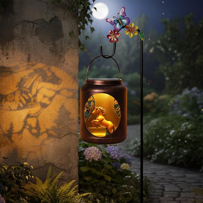 Horse Solar Lanterns Outdoor with Shepherds Hook and Resin Horse Figurine Inside LanternGifts for Women Mom Grandma Hanging Solar Lights for Garden Yard Patio Backyard
