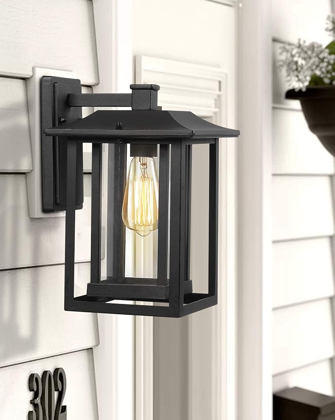 Beionxii Outdoor Light Fixture Dusk to Dawn Exterior Wall Mount Lantern Outside Lights for House Porch Patio Black Cast Aluminum w/Clear Glass (13.5 x 9) - A197W-2PK