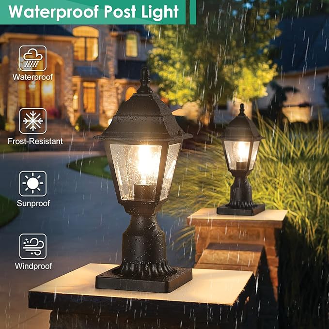 FOLKSMATE Dusk to Dawn Outdoor Post Lights 2-Pack Waterproof Outside Post Lamps with Pier Mount Exterior Pole Lantern with Clear Glass Matte Black Light Fixture for Patio Garden Walkway