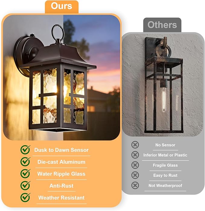 OKELI 2-Pack Dusk to Dawn Exterior Lighting Fixture Farmhouse Outdoor Wall Lights with Ripple Glass Aluminum Porch Light Wall Mount Anti-Rust Outside Wall Sconce for House Garage(Brown)