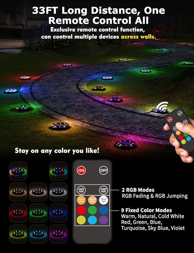 Color Changing Solar Ground Lights with 33ft Long Distance Remote Control - Flat Solar Lights Outdoor Waterproof - Pathway Lights Solar Powered for Yard Decorative Outside Lawn Walkway [12 Pack]