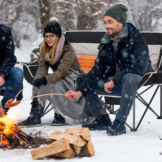 CDEN Heated Camping Chair with Battery Padded Chair Oversized Camping Loveseat Double Camping Chairs with Cup Holder Cooler Bag Wine Holder Dual Power Banks Included(Black &amp Gray)