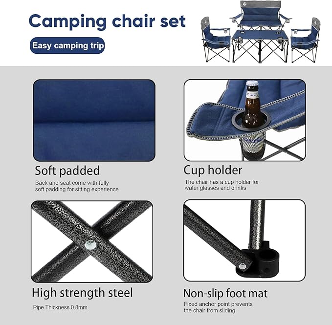 Northroad Folding Camping Chair Set of 4Portable Collapsible Conversation Set w/1 Sofa2 Single Chairs and 1 Table for Family PatioOutdoor TravelBeach(Blue)