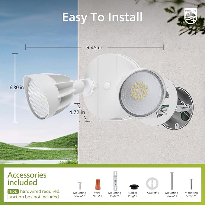 Philips Dusk to Dawn 44W 3500LM LED Security Flood Lights Outdoor 5000K Daylight Wet Location Dual Adjustable Heads Aluminum Wall Light for Yard Garage Porch