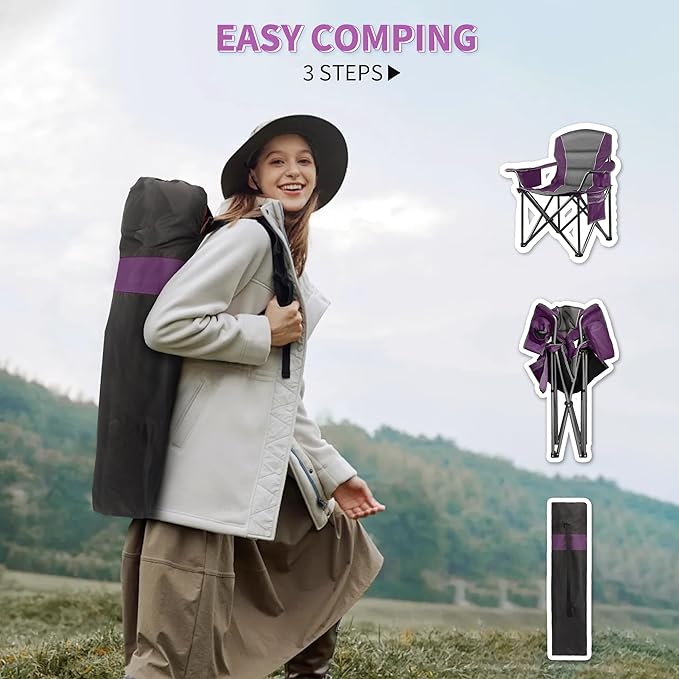 2 Pack Padded Oversized Camping Chairs for AdultsHeavy Duty Support 400 LbsFolding Portable Lawn Chair w/Cup HolderCooler BagSide PocketPerfect for Outdoor PicnicHiking(Purple&ampBlack)