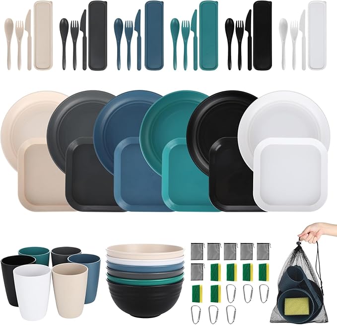 66 Pcs Wheat Straw Dinnerware Sets Unbreakable Dinnerware Set Reusable Wheat Straw Plates and Bowls Set for 6 Camping Mess Kit for TravelCamping EssentialsPicnicHomeParty