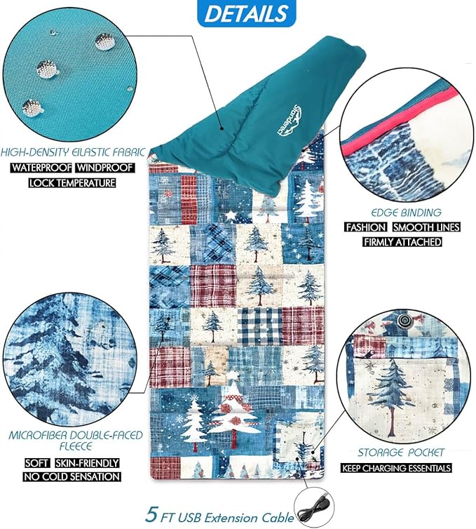 Heated Sleeping Bag pad 3 Adjustable Temperature Levels Heated Sleeping Bag Liner for Cold Weather Backpacking or Hiking Multi USB Power Supported (Christmas Tree 76 x 24)
