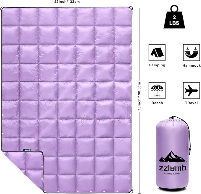 zzlamb Camping Blanket for Cold WeatherOutdoor Puffy Blanket Portable Down AlternativeWindproof Warm Cloak with SnapsCozy Quilt Backpacking Picnic RV Travel Plane Car Hammock Beach Climbing