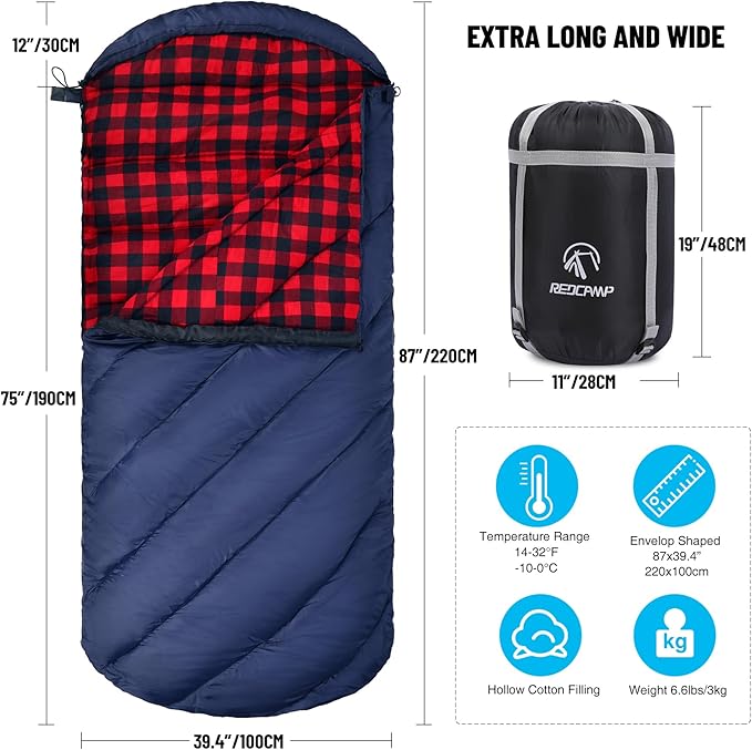 REDCAMP Flannel Sleeping Bag for Adults Comfortable Cotton Sleeping Bags for Camping with Detachable Hood Red/Grey/Blue/Black