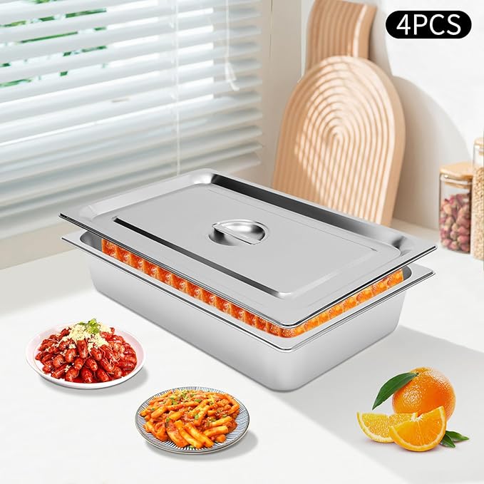 Steam Table Pans with Lids Set of 4 20x12x4 Inch Hotel Pans 2.38 Gallon 201 Stainless Steel Food Pans One-Piece Design Dishwasher Oven Safe for Restaurant Catering Buffet
