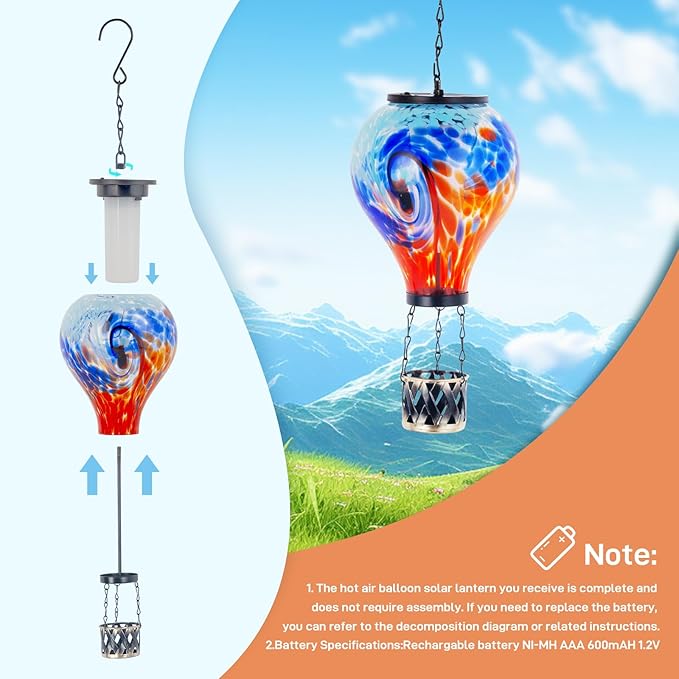 Starsoul Unique Hot Air Balloon Solar Lantern Glass Outdoor Hot Air Balloon Solar Flickering Flame Light Waterproof Hanging Lantern with Big Basket for Garden Yard Patio Decor