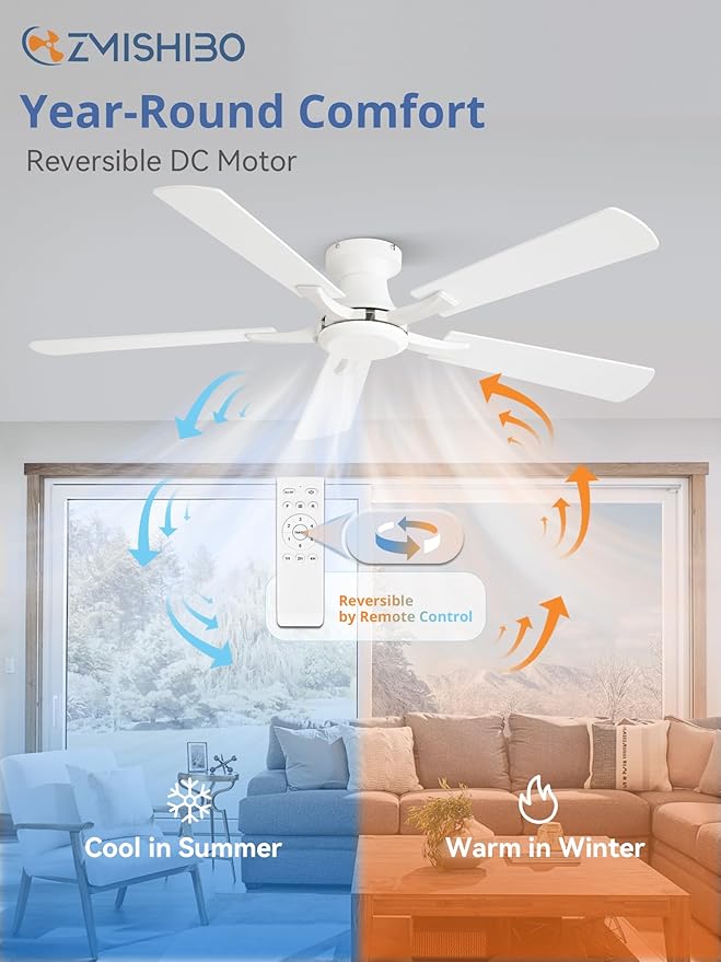 ZMISHIBO 52 Inch Ceiling Fan No Light Flush Mount Low Profile Modern White Ceiling Fan Without Light Remote Control &amp Quiet DC Motor for Indoor&ampOutdoor Bedroom Living Room