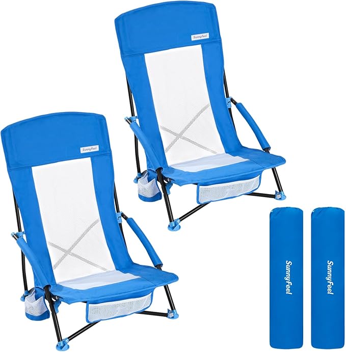 SUNNYFEEL Folding Beach Chair High Back Beach Chairs for Adults Lightweight Portable Camp Chair 300lbs Heavy Duty with Carry Bag Cup Holder for Outdoor Travel Picnic Concert 2 Pack Blue