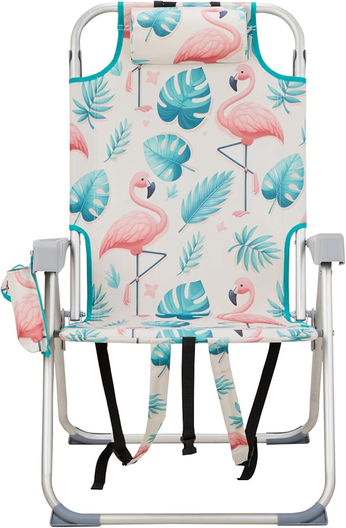 Bonnlo Folding Patio Chair with Headrest &amp Storage Pouch Lightweight Aluminum Frame Supports 220 lbs/100 kg Portable for Travel Lawn Poolside Camping Beach(Flamingo &amp Foliage)