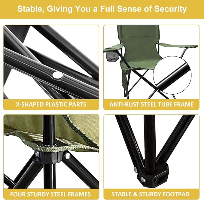 Portable Folding Camping Chair with Cup Holder and Cooler Bag Lightweight Outdoor Chair with Strong Steel Frame Easy Storage with Carry Bag Supports 300LBS Green