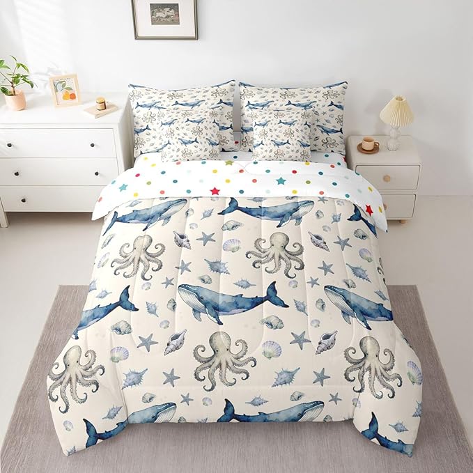 Octopus Whale Comforter Set with SheetsPillowcases &amp Cushion Cover Sealife Sea Animal 7 Piece Bedding Set for Kids Boys Girls Teens Room Decor Ocean Fish Bed in a Bag Twin Size Underwater Microfi