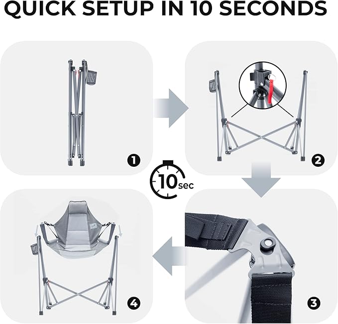 Portable Swing Hammock Chair | Foldable Recliner Rocking Lounger with Headrest &amp Drink Holder | Outdoor Sports Beach Lawn Hunting Tailgating Fishing | Supports 300Lbs (Grey)