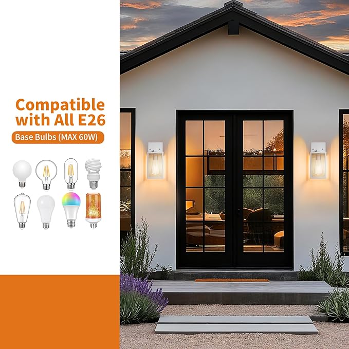 2 Pack White Exterior Lighting Fixtures Wall Mount Outside Front Porch Lights for House Outdoor Lantern Lamp Waterproof Wall Sconce Lights Coach Light for Garage Entryway