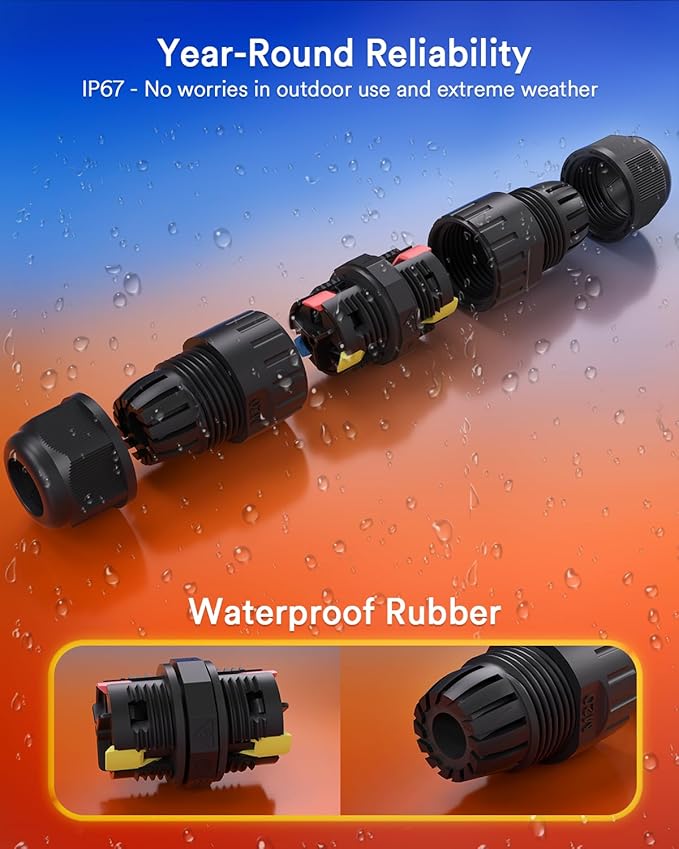 Lumary Waterproof 3Pin Wire Connector for Permanent Outdoor Lights Black 2 Pack