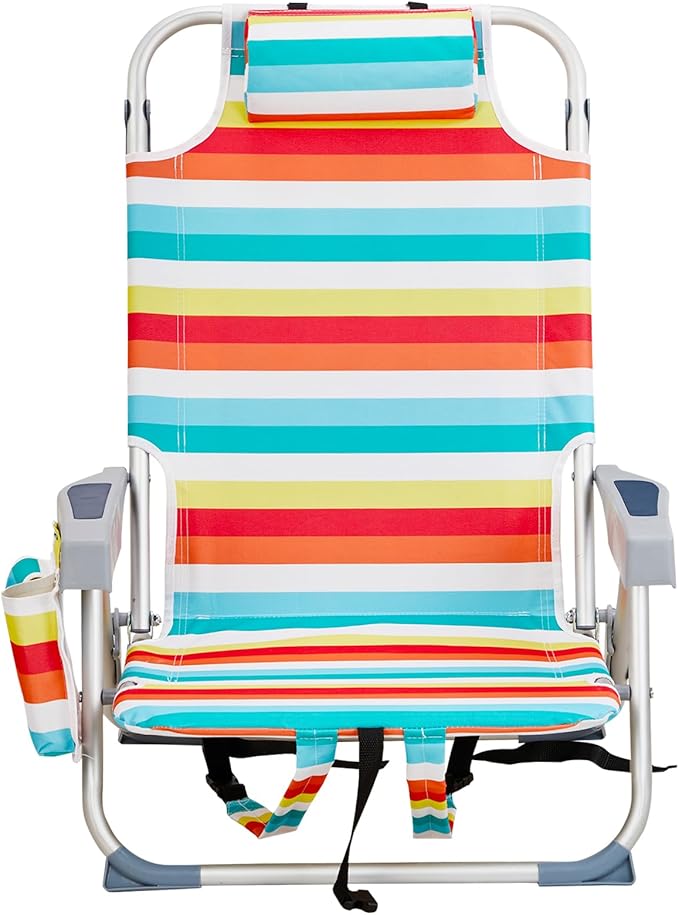 Backpack Beach Chairs for AdultsFolding Heavy Duty Camping Chair with Large Pockets and Cup HolderBeach Lounge Chairs with Towel Rack for OutdoorTravel (Rainbow Stripes)