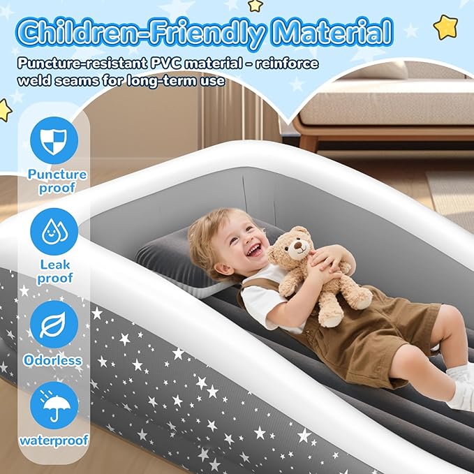 Inflatable Toddler Travel Bed - 67'' Large Size Safety Kids Air Mattress with 4 Sides - Portable Camping Bed for Outdoor Sleepovers Easy to Inflate &amp Deflate with Storage Bag &amp Pump Grey