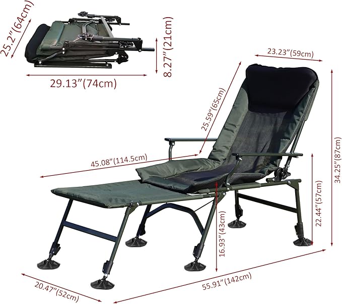 Camping Lounge Chair with Detachable Footrest Portable Folding Reclining Camping Chair with Adjustable backrest for Indoor and Outdoor Camping Beach Hiking Fishing Green+Black