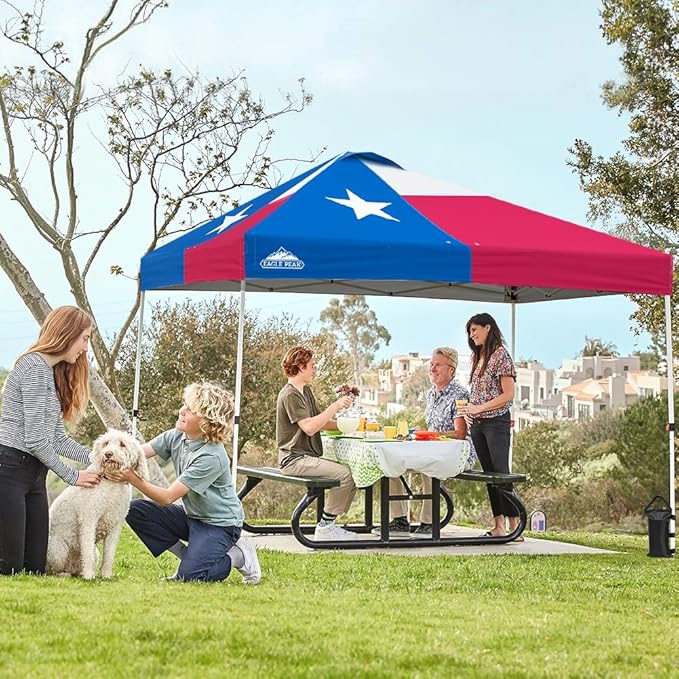 EAGLE PEAK Pop Up Canopy Tent with Wheeled Carry Bag 8 Stakes 4 Ropes 4 Weight Bags Easy Set Up Tent Canopy 10x10 ft 100sqft of Shade Texas