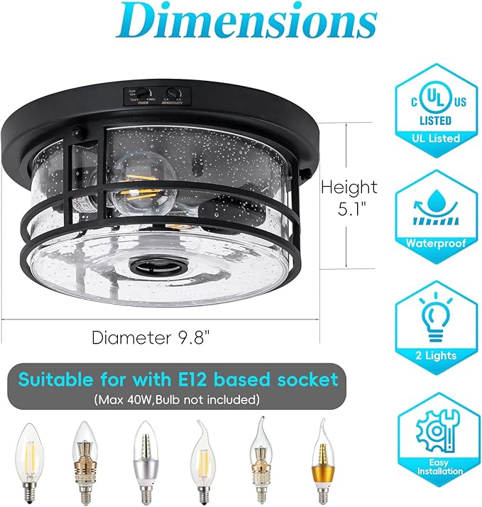 Outdoor Ceiling Light with Motion Sensor Flush Mount Round Porch Light Industrial 2-Light Dusk to Dawn Ceiling Light Fixture with Clear Glass for Entryway Garage Front and Back Yards Black
