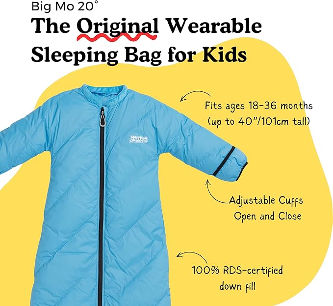 Big Mo 20 Kids Sleeping Bag (Ages 18-36mo) The Warmest 100% Down Camping Sleeping Bag for Kids Age 18-36 Months Old.