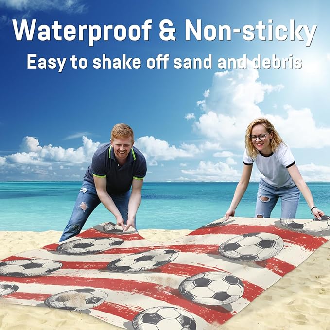Waterproof Sandproof Beach Blanket 59''×68'' Sports Stripe Polyester Outdoor Picnic Blanket with 4 Stakes &amp Storage Bag for BeachCampingVacation Football