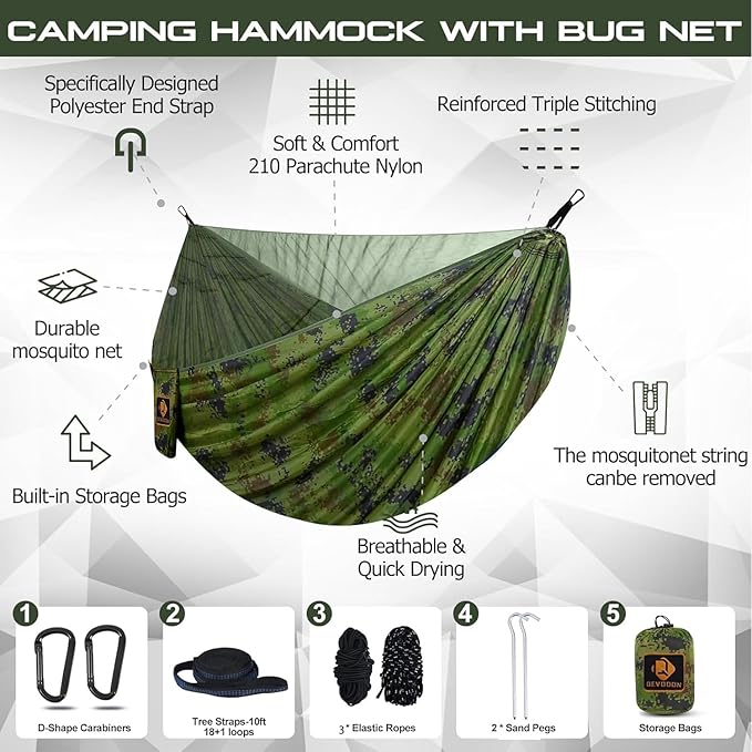 Camping Hammock Portable Hammocks with Mosquito NetLightweight Nylon Parachute Hammock with 10ft Tree StrapsCamping Gear Must Haves for TravelHikingBackpackingBeachPatio-Plaid Camouflage