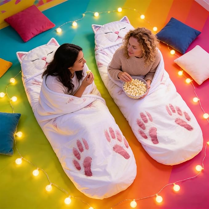 Fluffy Cat Sleeping Bag for Adults – Plush Soft Envelope Shaped Sleeping Bag for Humans Cozy Warm Nap Sack for Camping Home Travel Extra Large Cute Cat Design