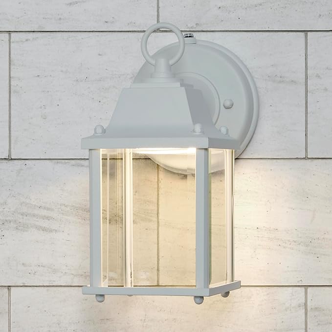 Maxxima LED Porch Lantern Outdoor Wall Light - White with Clear Glass 3000K Warm White 650 Lumens Dusk to Dawn Photocell Light Sensor Patio or Porch Sconce Fixture Exterior Lighting - White